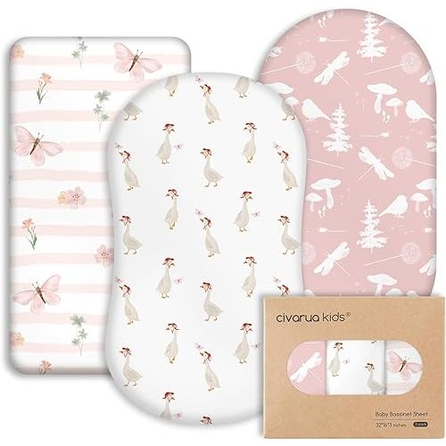 3-Pack Organic Bassinet Sheets for Girls Stretch, Soft Cozy Fitted Bassinet Mattress Sheet (32" x 16") Universal Fit for Hourglass, Oval, & Rectangle Mattresses Pink Butterfly