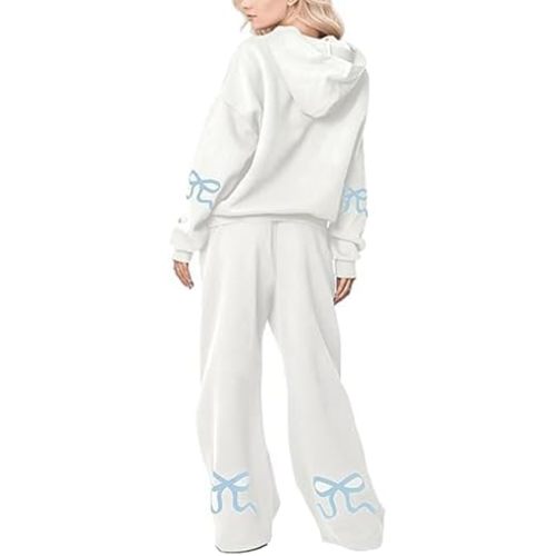 Bow Print Sweat Set for Women Two Piece Tracksuit Long Sleeve Oversized Hoodie Wide Leg Sweatpants 2 Piece Outfits