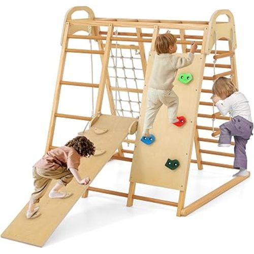 INFANS Indoor Jungle Gym, 8 in 1 Kids Montessori Indoor Playground Climbing Playset for Toddlers with Slide Swing Net Monkey Bars Rope Ladder, Wood Climber Toys for Boys Girls