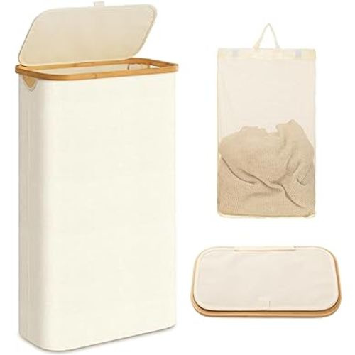 UBBCARE Laundry Hamper with Lid, 60L Slim Laundry Hamper with Removable Bag, Collapsible Dirty Clothes Basket for Bedroom, Bathroom, Laundry Room, Dorm, Beige