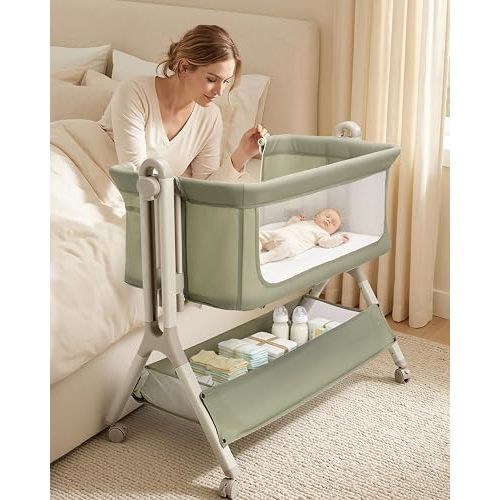 Uuoeebb Baby Bassinet, 3 in 1 Bedside Bassinet for Baby, Breathable Mesh Bassinet Bedside Sleeper with Comfy Mattress and Wheels, 8 Height Adjustable Easy Folding Portable Bedside Crib for Newborn