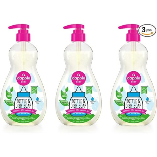 Dapple Baby Bottle Soap, Hypoallergenic Dish Soap for Baby Bottles, Powered by Plants, 1 Pump Included, Packaging May Vary, Fragrance Free, 16.9 Fl Oz (Pack of 3)