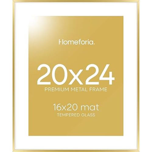 Homeforia 20x24 Picture Frame Gold, High End Metal 24x20 Frames for Wall, 20x24 Gold Frame Matted to 16x20 Print, 20 x 24 Poster Large Frame with Mat 16 by 20 Photo, Tempered Glass, Wall Kit, Set of 1