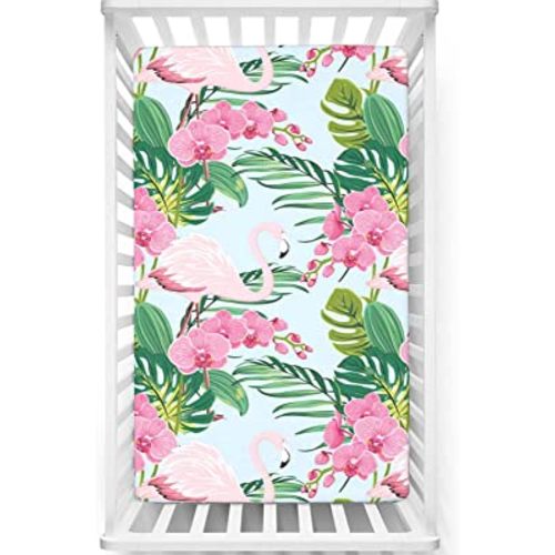 Flamingo Themed Fitted Mini Crib Sheets,Portable Mini Crib Sheets Soft and Breathable Bed Sheets-Baby Sheet for Boys Girls, 24“ x38“,Baby Blue Rose Pastel Pink Sea Green