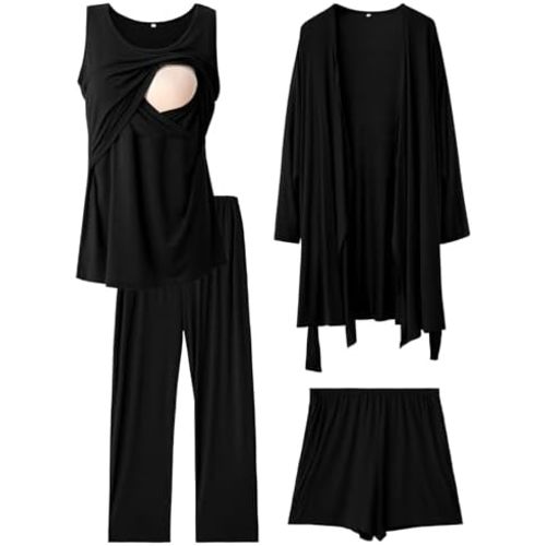 Rnxrbb 4 PCS Nursing Pajamas Robe Set Postpartum Pajama Gown Breastfeeding Pj for Hospital Labor Delivery
