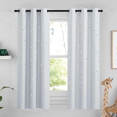NICETOWN Kids Blackout Curtains for Bedroom, Grommet Top Room Darkening Curtains Decoration Thermal Insulated Window Drapes for Nursery, Children Room, 1 Panel, 42 x 63 Inch, Greyish Whie