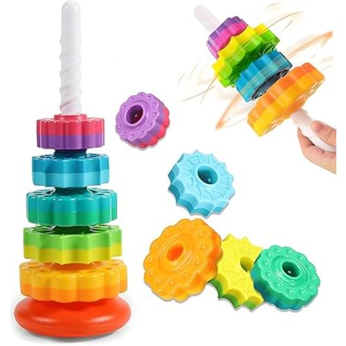 Baby Spinning Stacking Toys, Spin Toys ABS Plastic and Color Rainbow Design Ring Stacker Baby Toys 6 to 12 Months Montessori Educational Learning Autism Sensory Toys for Boys and Girls Baby
