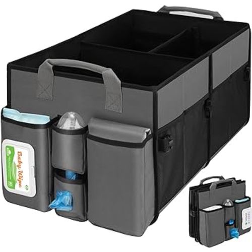 Collapsible Trunk Organizer & Diaper Changing Station, Baby Diaper Caddy Organizer with Movable Dividers, Easy-to-Reach for Back Seat Travel Car Organizer, Waterproof Car Trunk Organizer Groceries