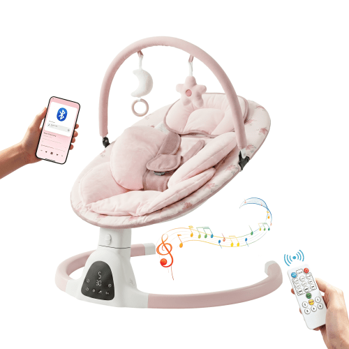 PRVAETU Baby Swing for Infants,5 Speeds,10 Lullabies,5-Point Harness,Electric Rocking Chair for Toddlers with Bluetooth,Remote Control,Touch Panel,, Pink Flower