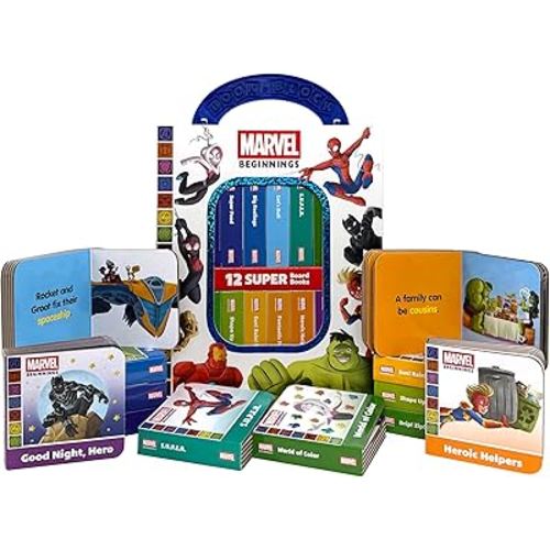 Marvel Beginnings Spider-man, Iron Man, Captain Marvel, and More! - My First Library Board Book Block 12-Book Set - First Words, Colors, Numbers, and More! - PI Kids