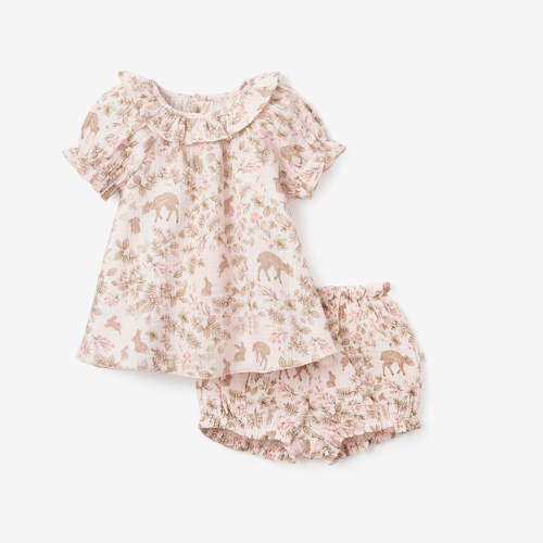 Woodland Print Organic Muslin Collared Dress & Bloomer Set – Elegant Baby