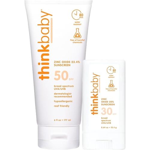 Thinkbaby SPF 50+ Baby Mineral Sunscreen, 6oz + Thinkbaby SPF 30+ Sunscreen Stick, 0.64 oz, Water Resistant - Broad Spectrum UVA/UVB Sun Protection