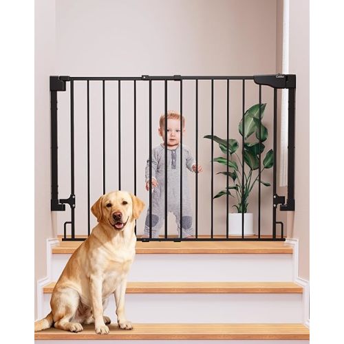 Cumbor 29.2–43" Baby Gate for Stairs, Hardware Mounted (Drill Required), Expandable No Bottom Bar Dog Gate, Auto Close Extra Wide Walk Thru, Pet & Toddler Proof Gate, Top & Bottom of Stairways(Black)