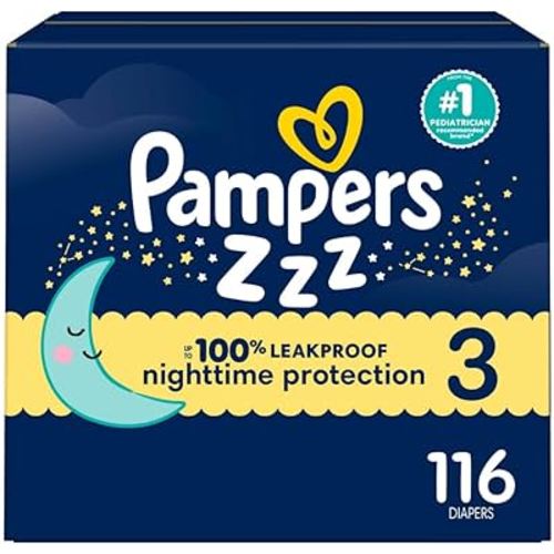 Pampers ZZZ Overnight Diapers, Size 3 (16-28 lbs), 116 Count, Nighttime Protection Disposable Baby Diaper, Night Time Leak and Skin Protection