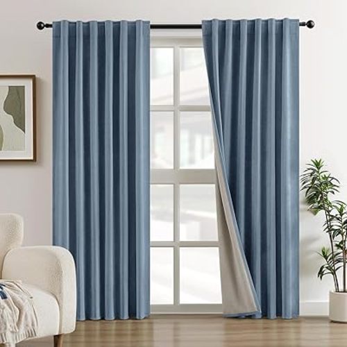 HOMEIDEAS 100% Chenille Blackout Curtains for Bedroom Haze Blue Curtains 96 Inch Length 2 Panels for Living Room Thermal Insulated Black Out Grommet Window Drapes, W52 x L96