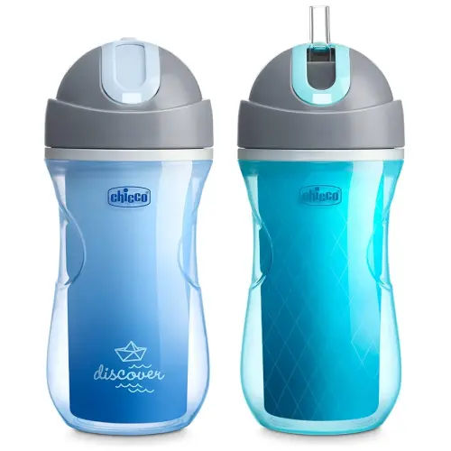 Chicco Double Wall Insulated Flip-Top Sippy Cup with Silicone Straw and Spill-Free Lid 9oz.| Top-Rack Dishwasher Safe | Easy to Hold with Ergonomic Indents | Blue Discover/Teal, 2pk | 12+ month