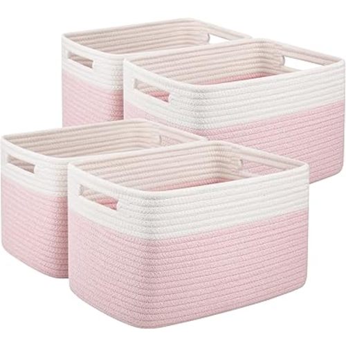 OIAHOMY 4 Pack Storage Baskets for Organizing, Basket for Shelves with Handle, Woven Baskets for Storage Toys, Towels, Books, Cotton Rope Basket 13" L x 9 " W x 7.8 " H, Pink & White