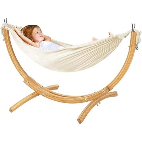 FUNLIO Wooden Hammock with Stand for Kids 3-5 Years (Height < 3.9ft/120cm), Premium Solid Wood Kids Hammock Chair Stand, Stable Structure, Wider & Longer Children Hammock, 220lbs Capacity