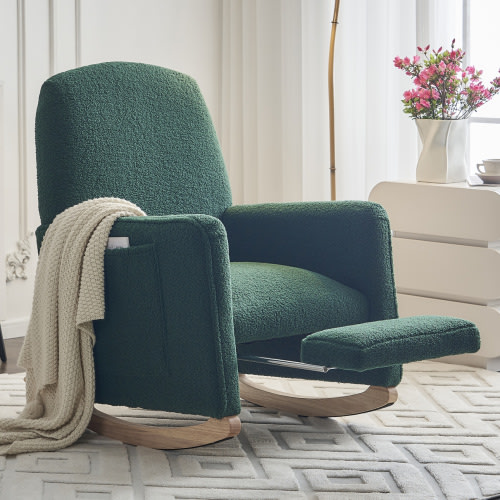 Rocking Chair Nursery Glider Chair with Adjustable FootRest, Nursery Rocking Chairs with Wood Legs Side Pocket, Teddy High Back Nursing Chair, for Living Room, Bedroom, Cozy Reading, Green