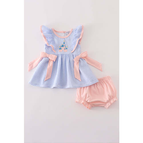 Blue stripe seersucker castle embroidery bloomer set