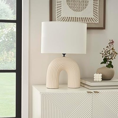 Nourison Home 21" Off White Textured Arch Table Lamp for Bedroom, Living Room, Console, Entryway