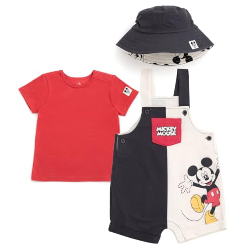 Disney Junior Baby French Terry Short Overalls, T-Shirt and Hat 3 Piece Outfit Set Newborn to Infant Sizes (OS - 24 Months)