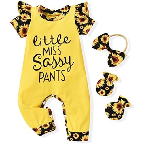 HINTINA Preemie Newborn Baby Girl Letter Print Romper Jumpsuit Gloves Headband Clothes Set