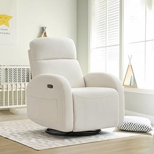 Power Recliner Nursery Glider, Chenille Nursering Swivel Rocking Recliner with Type-C & USB Port, Swivel Rocker Recliner with Double Pockets for Living Room, Cream White