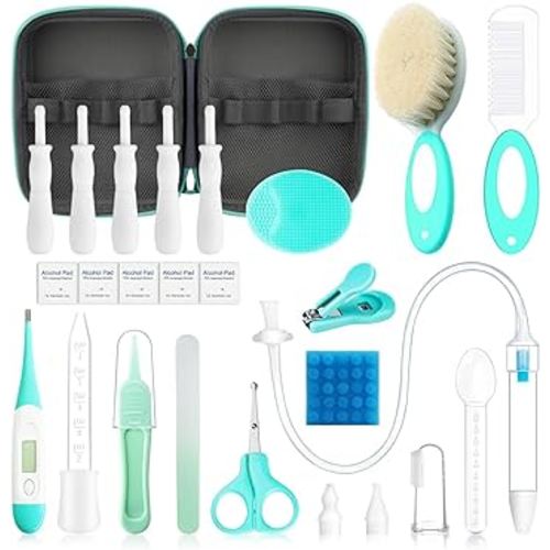 23 in 1 Baby Healthcare and Grooming Kit, Infant Safety Care Set Baby Nursery Kit with Gas Colic Passer Nasal Aspirator Nail Clipper Hair Brush Comb for Newborn Girls Boys (Green))
