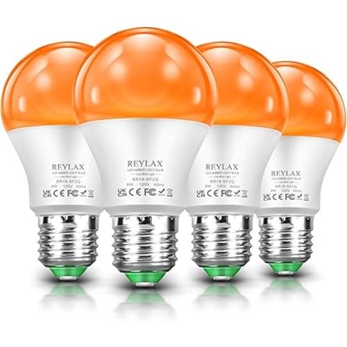 REYLAX Dimmable Amber Light Bulbs, Only 0.04% Blue Light, A19 E26 8W(60 Watt Equivalent) 1600K Sleep Light Bulb for Bedroom, Bathroom, Living Room and Baby Nursery Lighting, 4 Pack