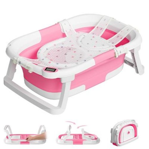 TUMAJUP Collapsible Baby Bathtub for Infants and Toddlers with Bath Net and Thermometer-Hot Pink