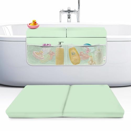 Memory Foam Bath Kneeler and Elbow Rest Pad Set, 2-Inch Thick, Water-Resistant Mat – Baby Bath Time Essentials Cushion and Bath Kneeling Pad for Bathing Baby with Bathtub Toy Organizer (Mint Green)