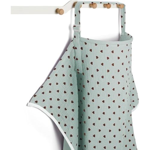 Muslin Nursing Covers for Breastfeeding, Arch Neckline Breast Feeding Covers for Women, Moms Privacy Breathable Summer Nursing Apron, 43.3" x 25.6" Soft Feeding Cover (Mint Green Heart)