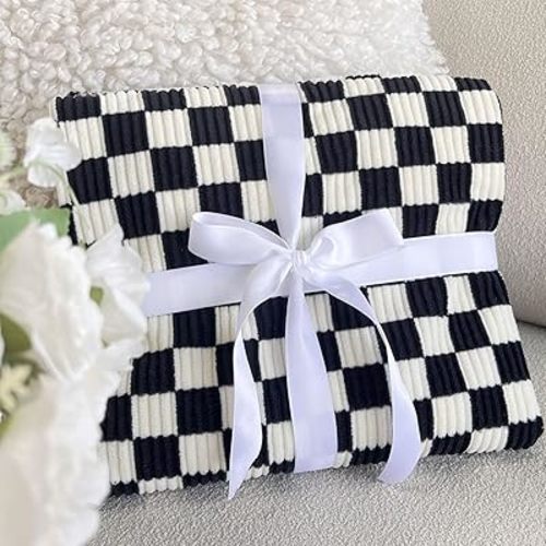 Baby Blanket for Kids Adults Comfy Durable Corduroy Toddler Blanket with Double Layer Dotted Backing Checkerboard Grid Chessboard Gingham Warmer Bed Blankets for All Season Black, 50x60 Inches