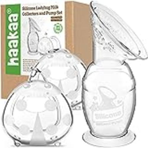 haakaa Manual Breast Pump 4oz/100ml and Ladybug Milk Collector 2.5oz/75ml Combo for Breastfeeding, Made of Food Grade Silicone