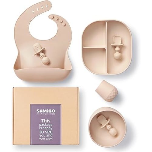 SAMiGO Silicone Baby Feeding Set, Suction Plate Bowl Set, Self Feeding Spoons, Bib, Cup, Baby Led Weaning Supplies, First Stage Feeding Essentials, Food Eating Utensils, 6+ Months