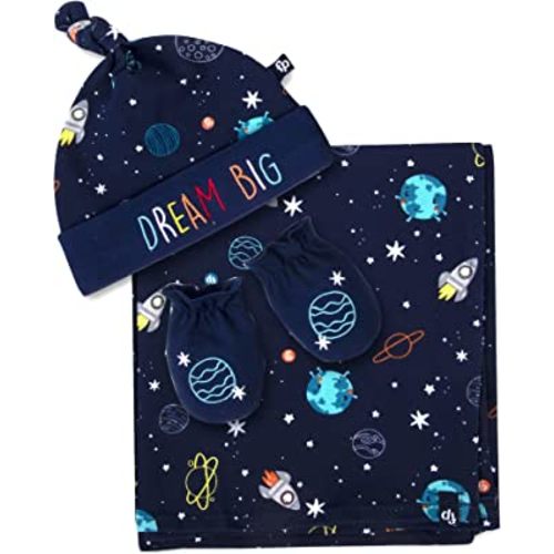 Fisher-Price Space Explorer Collection Swaddle Blanket with Hat, Mittens for Ages 0-6 Months