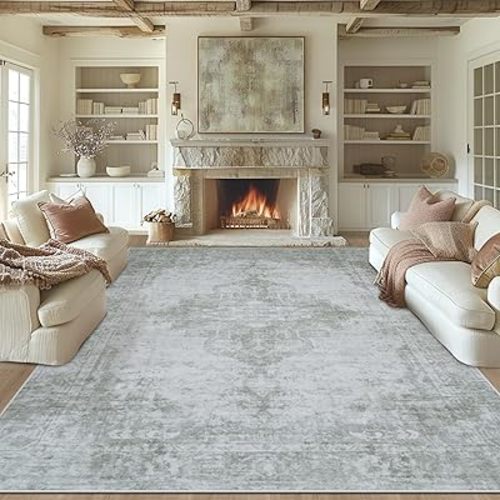 8x10 Area Rugs Washable Rug: Lagre Vintage Living Room Rug with Non-Slip Backing Low Pile Rug Soft Indoor Floor Thin Carpet Neutral Carpets for Bedroom Dining Room Farmhouse Nursery Gray/Ivory