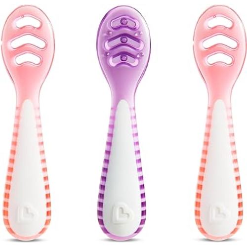 Munchkin® Gentle Dip™ Multistage First Spoon Set for Baby Led Weaning, Self Feeding, Solids & Purees, 3 Pack, Coral/Purple