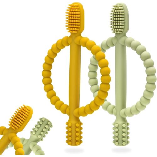 Baby Teething Toys with Easy-Hold Handle, Silicone Infant Toothbrush, Textured On Both Sides Helps Massage, Soothe Sore Gums, Teething Toys for Babies 0-24 months