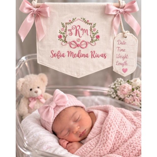 Personalized Embroidered Baby Banner, Custom Monogrammed Newborn Banner with Floral Crest Frame, Baby Shower Gifts, Hospital Door Sign