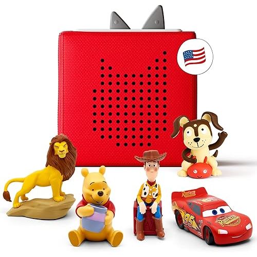Tonies Toniebox Audio Player Disney Starter Set Bundle with Woody, Lightning McQueen, Simba, Winnie-The-Pooh, and Playtime Puppy - Listen, Learn, and Play with One Huggable Little Box - Red
