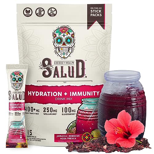Salud 2-in-1 Hydration Packets + Immunity Electrolytes Powder, Hibiscus - Jamaica Agua Fresca Drink Mix, Elderberry, Dairy & Soy Free, Non-GMO, Gluten Free, Vegan, Low Calorie, 1g Sugar (15 Servings)