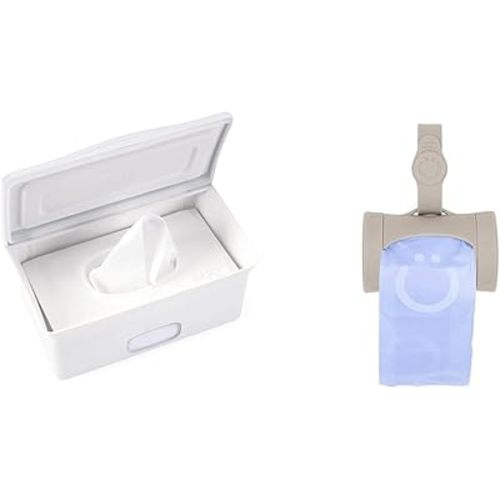 Ubbi Baby Wipes Dispenser with Weighted Plate, Taupe Retractable On-the-Go Diaper Bag Dispenser with 24 Scented Bags