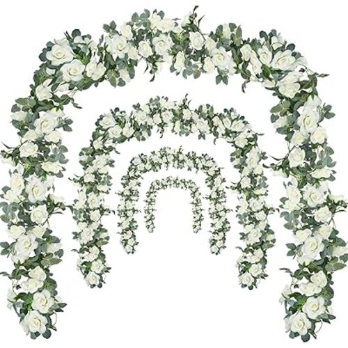 Flower Garland Rose Vine 4Pcs 28FT Artificial Floral Garland with Green Leaves Hanging Rose Vine for Wedding Party Garden Home Wall Decor (White)