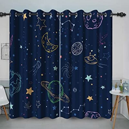 Baocicco Navy Blue Space Curtains for Boys Room Cartoon Stars Planets Theme Galaxy Curtains for Kids Bedroom Outer Space Drapes with Grommet Nursery Space Decor Curtain 2 Panels 42x63 Inch