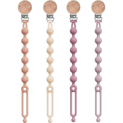 Silicone Pacifier Clips Holder with One Piece Design, Soft Flexible Paci Binky Clips with Texture for Baby Boy and Girl (Cream,Blush,Powder Rose,Rose Pink)