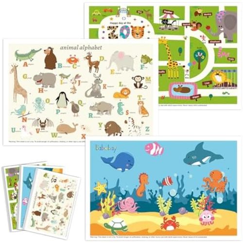 Babebay Disposable Stick-On Placemats for Baby, 60 Pack, 3 Animal Designs