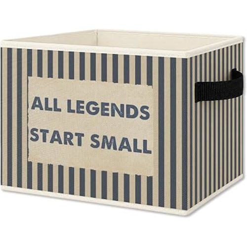 Inspirational Boy Nursery Foldable Storage Bins Box with Handles, All Legends Start Small Blue Striped Collapsible Organizer Basket for Kids Boys Bedroom Playroom Bathroom Clothes Toys Books