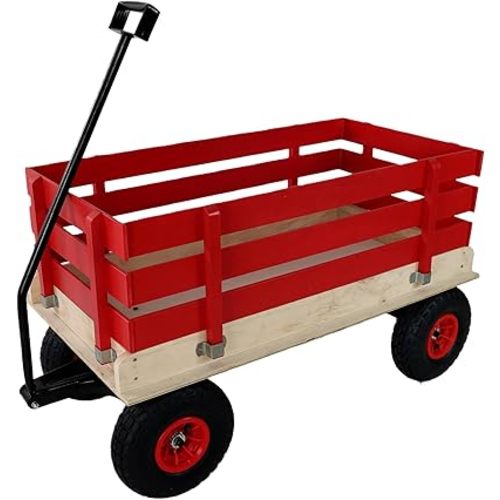 Heavy Duty All-Terrain Kids Wagon Cart with Folding Handle, Red Wooden Pull-Along Utility Wagon for Outdoor, Garden, Camping, and Beach